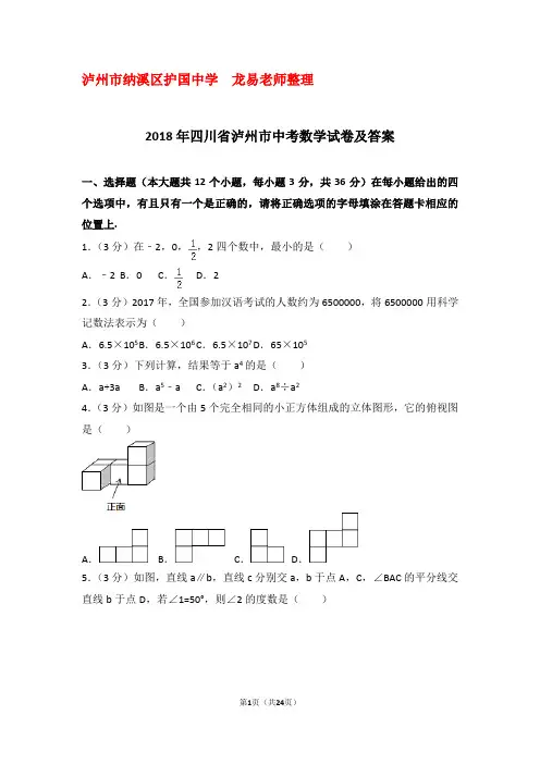 2018年四川省泸州市中考数学试题及答案