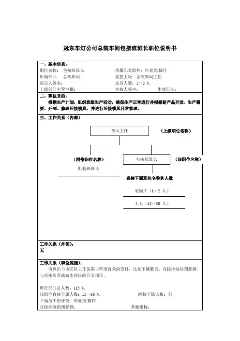 公司总装车间包接班班长职位说明书