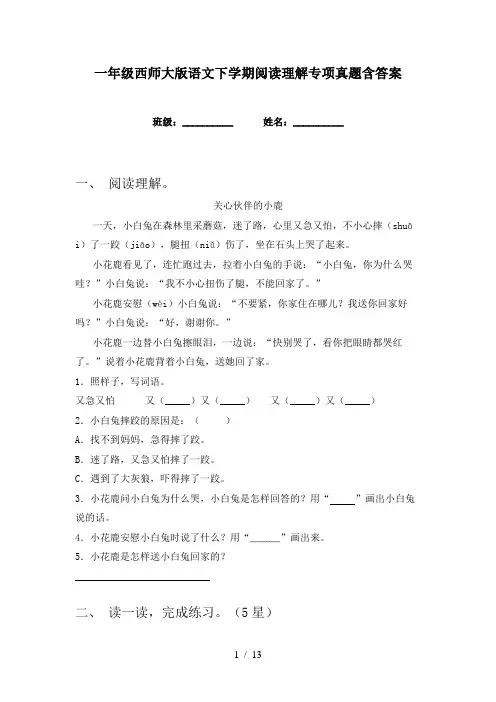 一年级西师大版语文下学期阅读理解专项真题含答案
