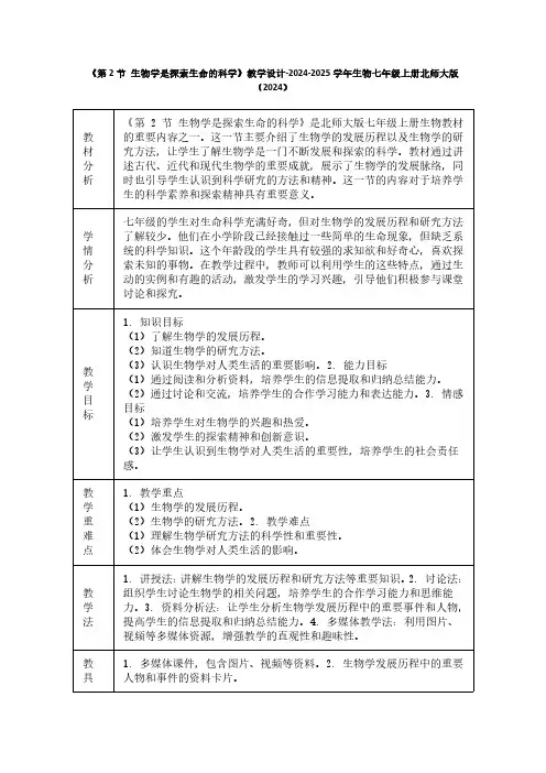 《第2节 生物学是探索生命的科学》教学设计-2024-2025学年生物七年级上册北师大版(2024)