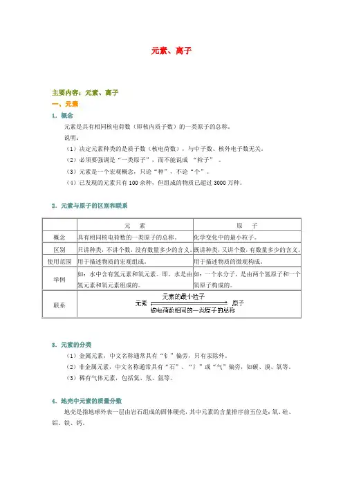 九年级化学元素、离子