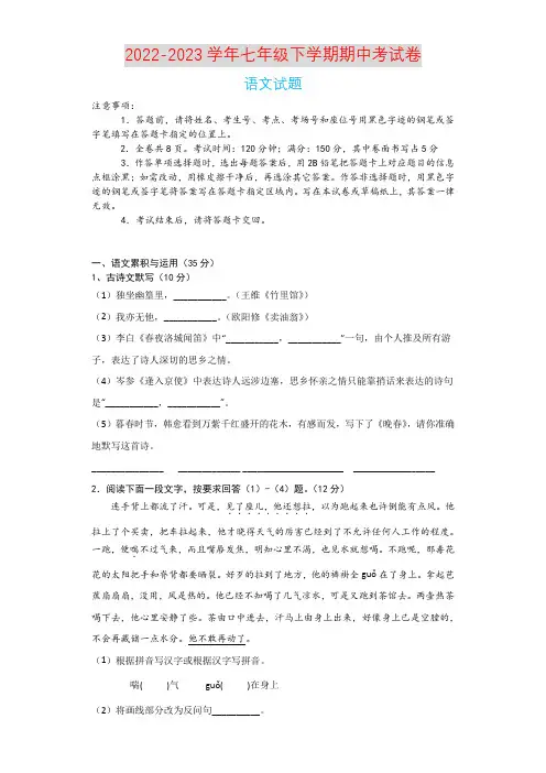 2022-2023学年七年级下学期期中语文考试卷(含答案)