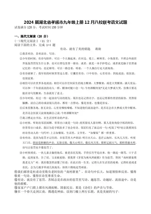 2024届湖北省孝感市九年级上册12月八校联考语文试题【含答案】