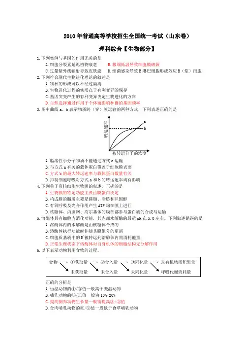 2010年高考理综(山东卷)无错版(含答案)
