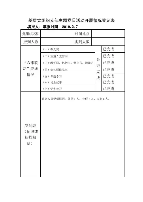 基层党组织支部主题党日活动开展情况登记表