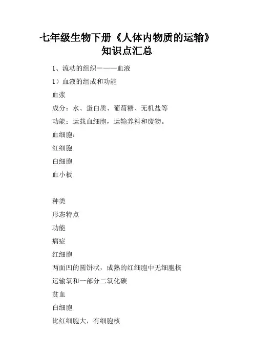七年级生物下册《人体内物质的运输》知识点汇总