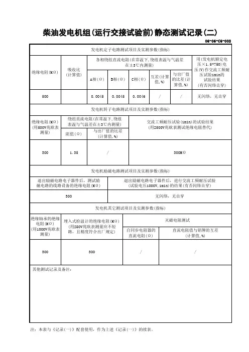 柴油发电机组(运行交接试验前)静态测试记录二