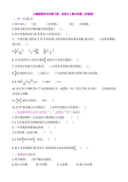 人教版数学五年级下册：总复习1数与代数(含答案)