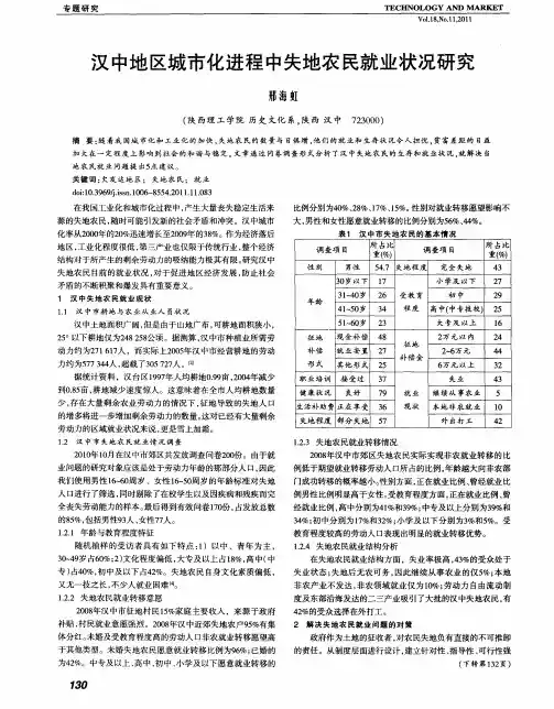 汉中地区城市化进程中失地农民就业状况研究