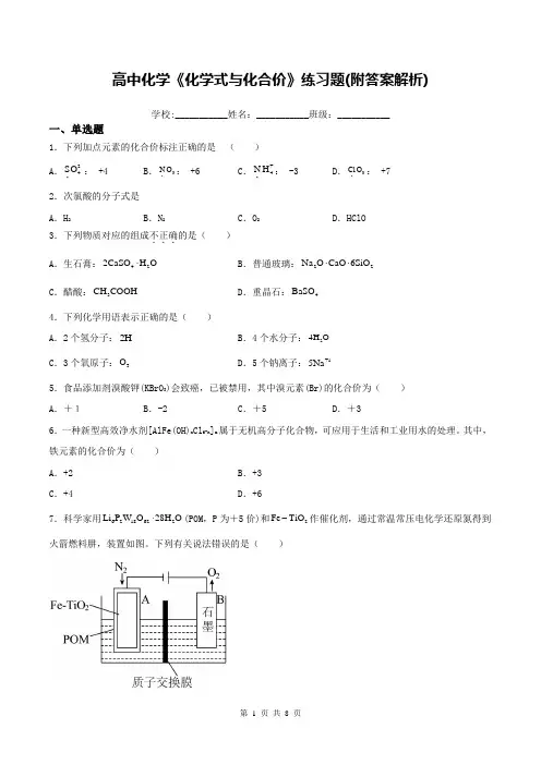 高中化学《化学式与化合价》练习题(附答案解析)