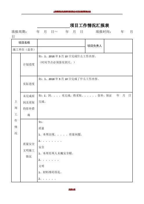项目施工进度情况汇报表