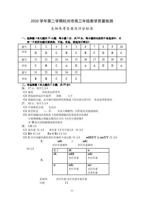 2020学年第二学期杭州市高三年级教学质量检测生物参考答案及评分标准