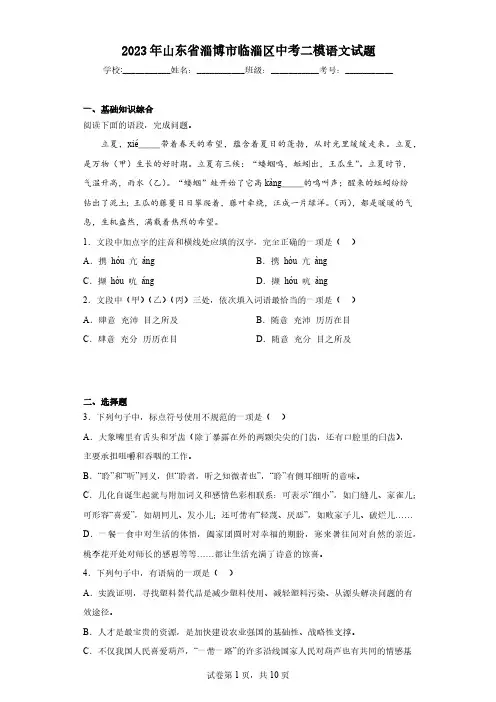 2023年山东省淄博市临淄区中考二模语文试题(含答案)