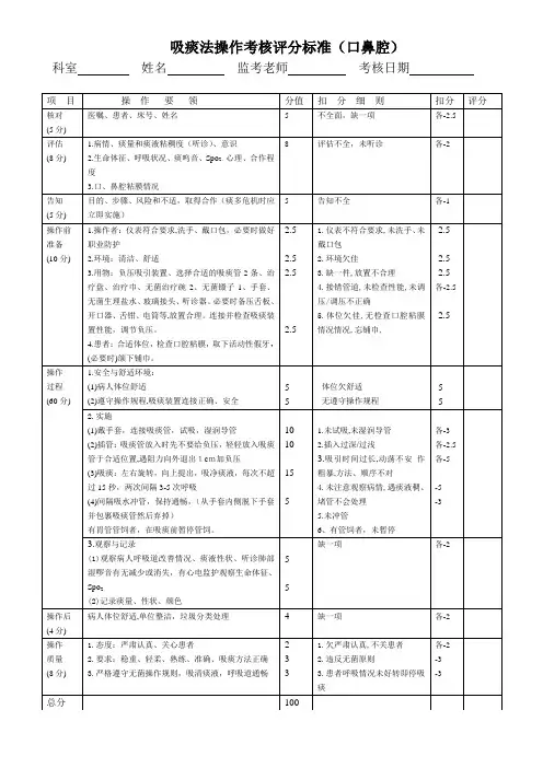 吸痰法操作流程及评分标准(口鼻腔)