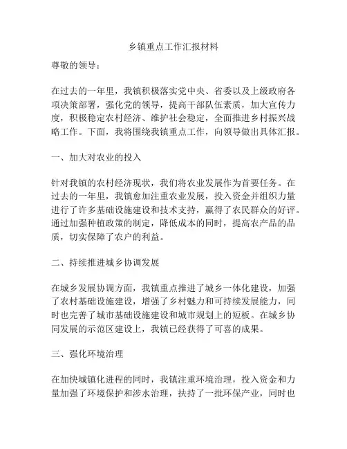 乡镇重点工作汇报材料
