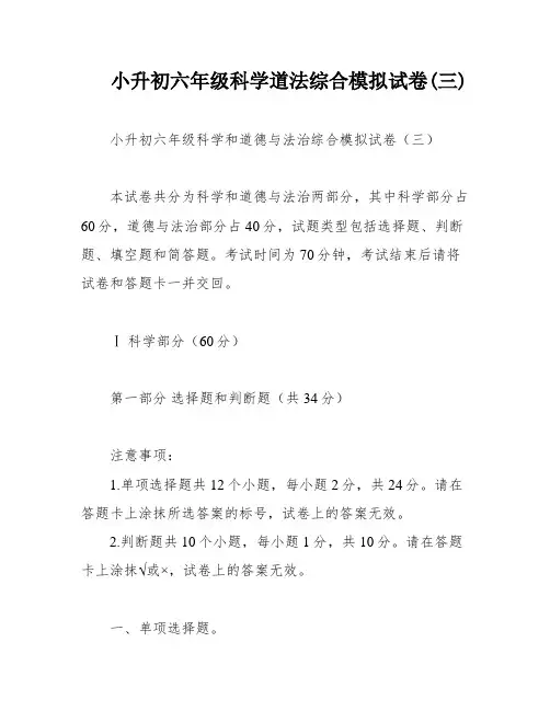 小升初六年级科学道法综合模拟试卷(三)