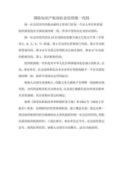 国防知识产权局社会信用统一代码