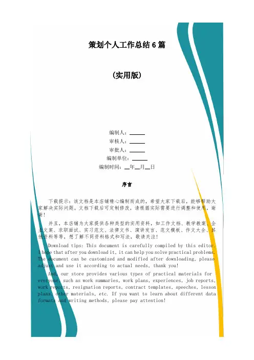 策划个人工作总结6篇