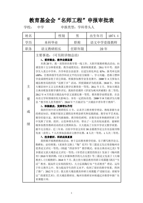 学科带头人(教育基金会 名师工程 申报审批表)