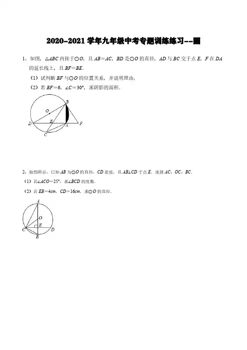 2020-2021学年九年级中考专题训练练习--圆
