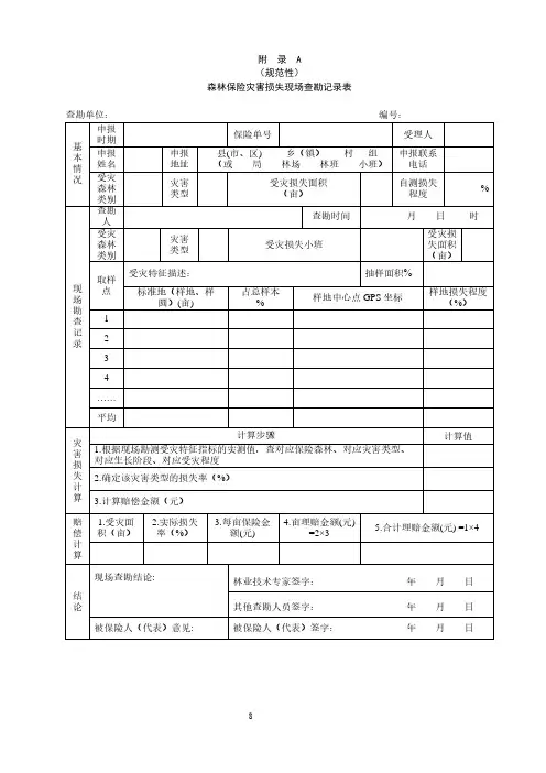 森林保险灾害损失现场查勘记录表、调查统计汇总表、查勘定损报告提纲