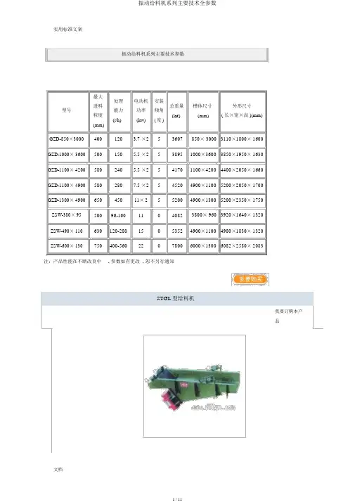 振动给料机系列主要技术全参数