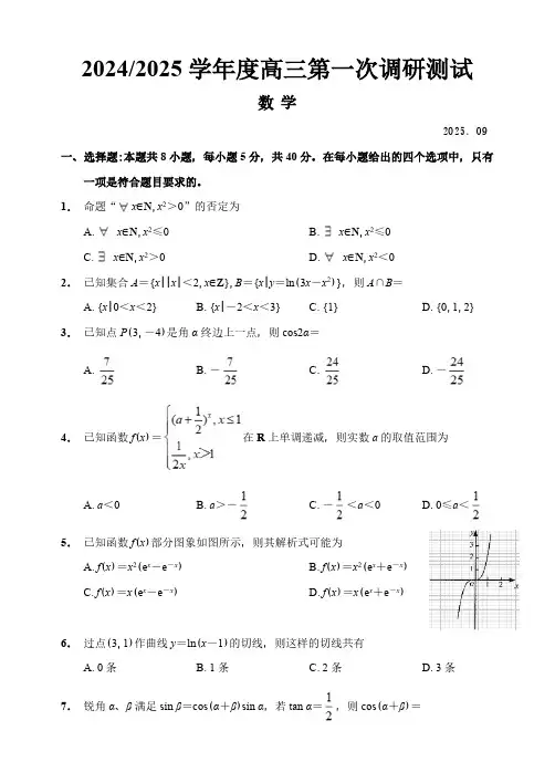 江苏省海门中学2025届高三上学期第一次调研考试数学试题(含答案)