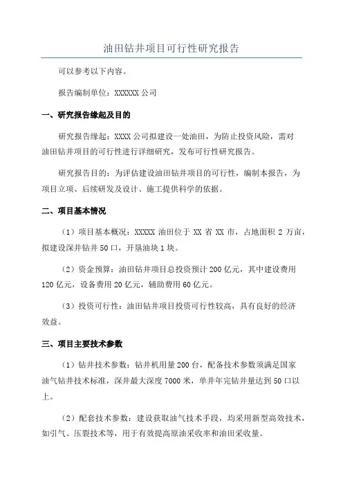 油田钻井项目可行性研究报告
