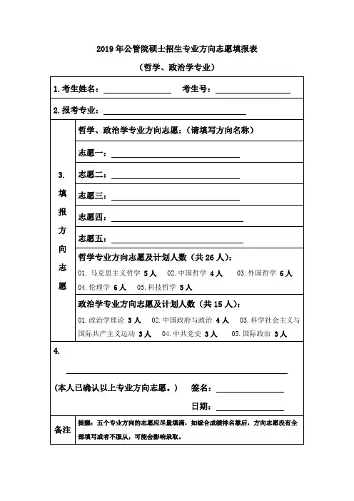 南京师范大学2019年公管院硕士招生专业方向志愿填报表(哲学、政治学专业)