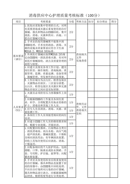 消毒供应中心护理质量考核标准