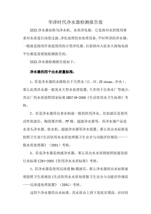 华津时代净水器检测报告值