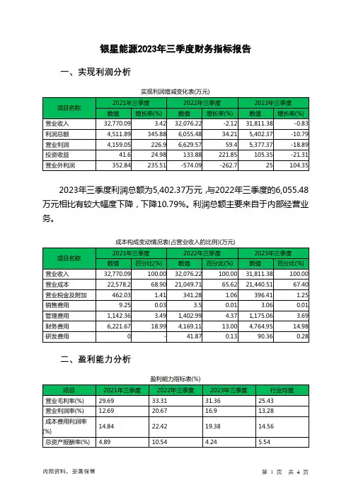 000862银星能源2023年三季度财务指标报告