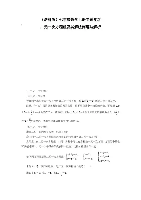 (沪科版)七年级数学上册专题复习 二元一次方程组及其解法例题与解析