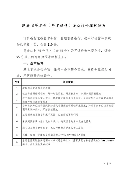 湖南省节水型(节水标杆)园区评价指标体系