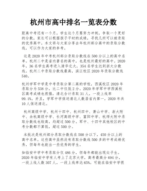 杭州市高中排名一览表分数