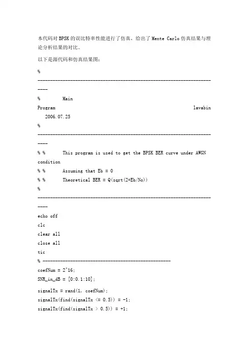 BPSK的误比特率性能进行了仿真