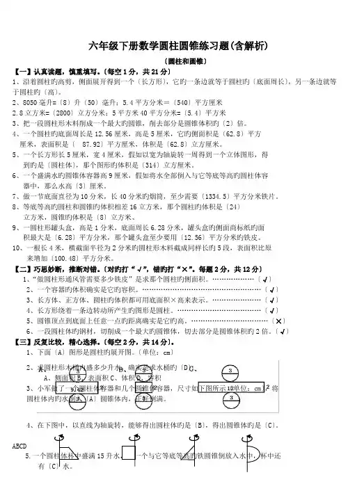 六年级下册数学圆柱圆锥练习题(含解析).doc