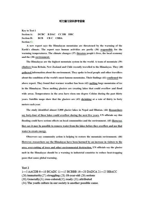 四级听力练习参考答案1-15