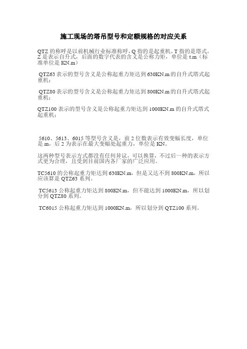 施工现场的塔吊型号和定额规格的对应关系