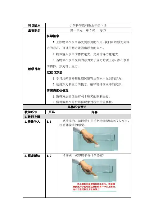 教科版五年级科学下册《浮力》精品教案教学设计优秀公开课