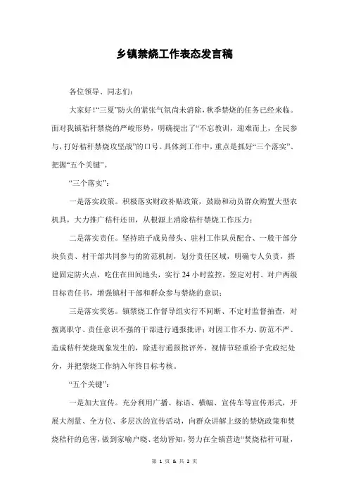 乡镇禁烧工作表态发言稿