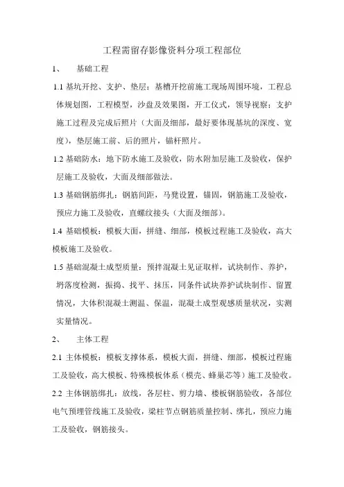 工程需留存影像资料分项工程部位