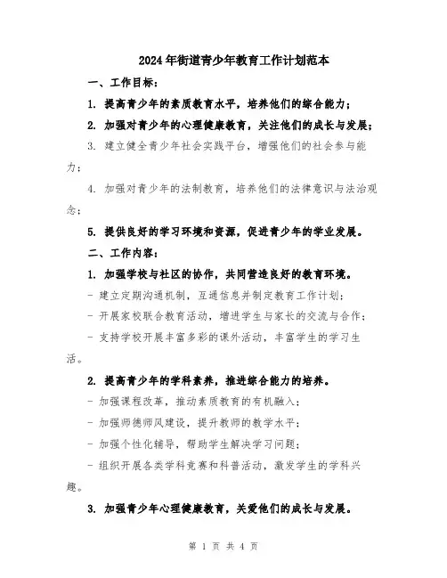 2024年街道青少年教育工作计划范本