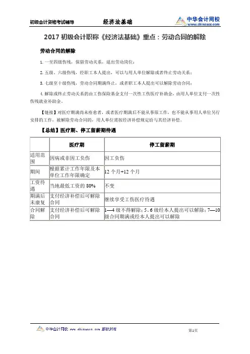 2017初级会计职称《经济法基础》重点：劳动合同的解除