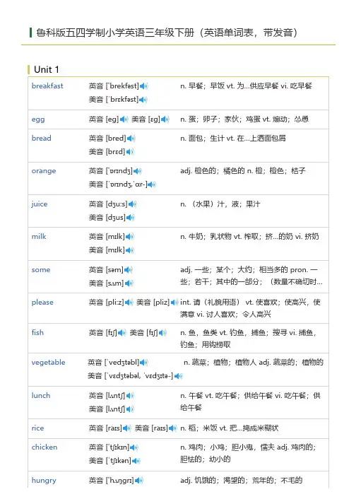 鲁科版五四学制小学英语三年级下册(英语单词表)