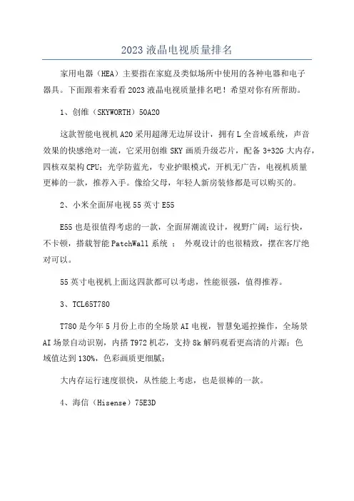2023液晶电视质量排名