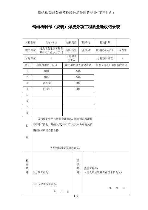 钢结构分部分项及检验批质量验收记录