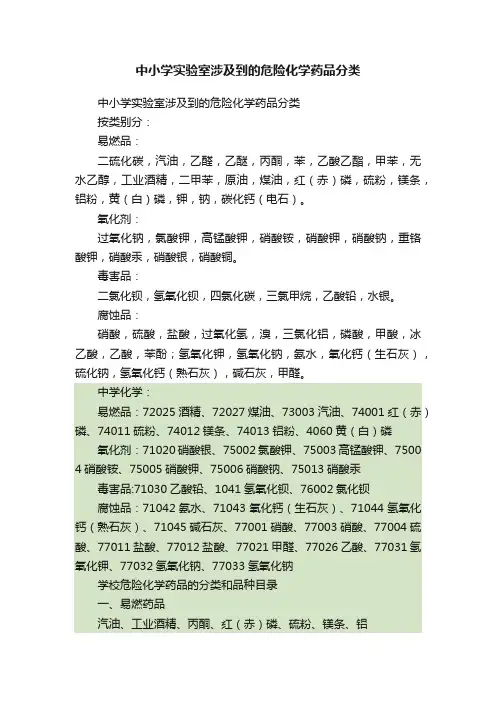 中小学实验室涉及到的危险化学药品分类