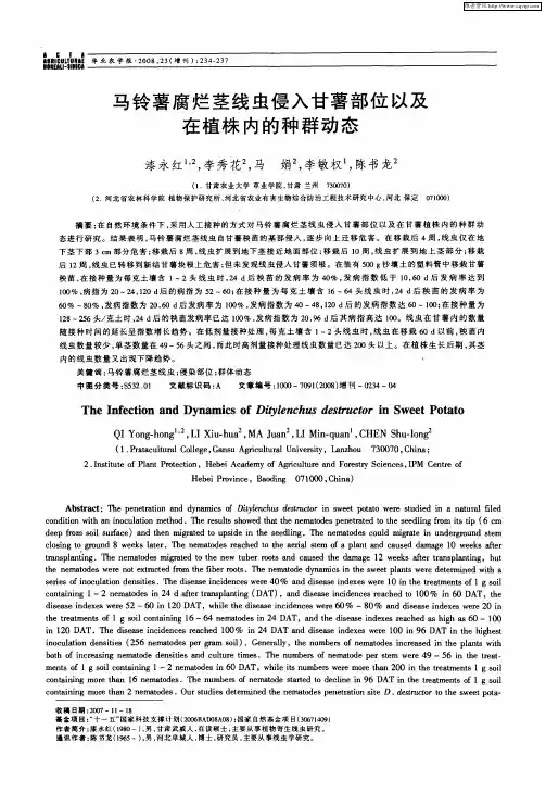 马铃薯腐烂茎线虫侵入甘薯部位以及在植株内的种群动态