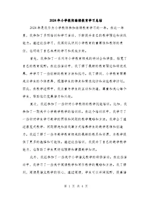 2024年小学教师继续教育学习总结(2篇)